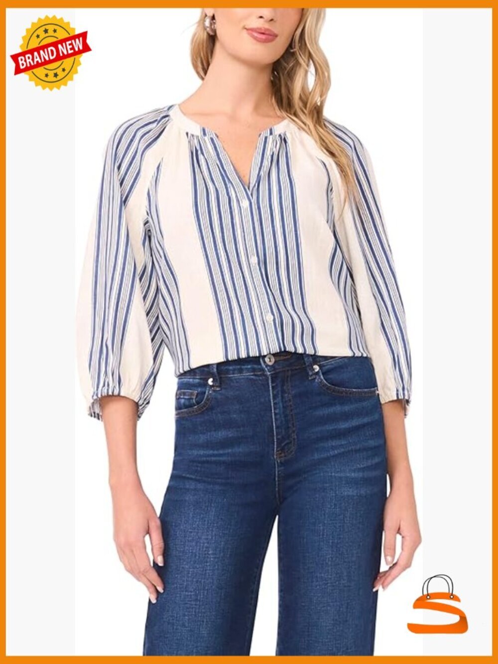 3/4 Sleeve Striped Linen Raglan Button Down Blouse
